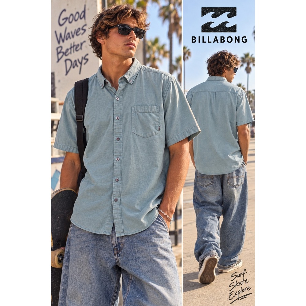 Billabong Men's Large Button Up Shirt Blue Y2K Surf Skate Coastal Beach